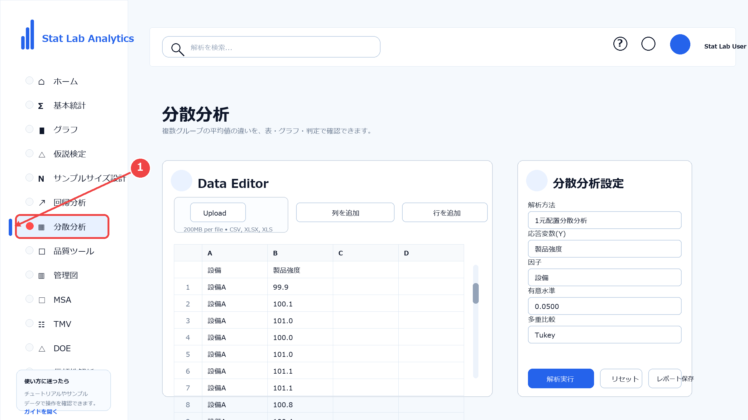 Stat Lab Analyticsで分散分析を開く画面