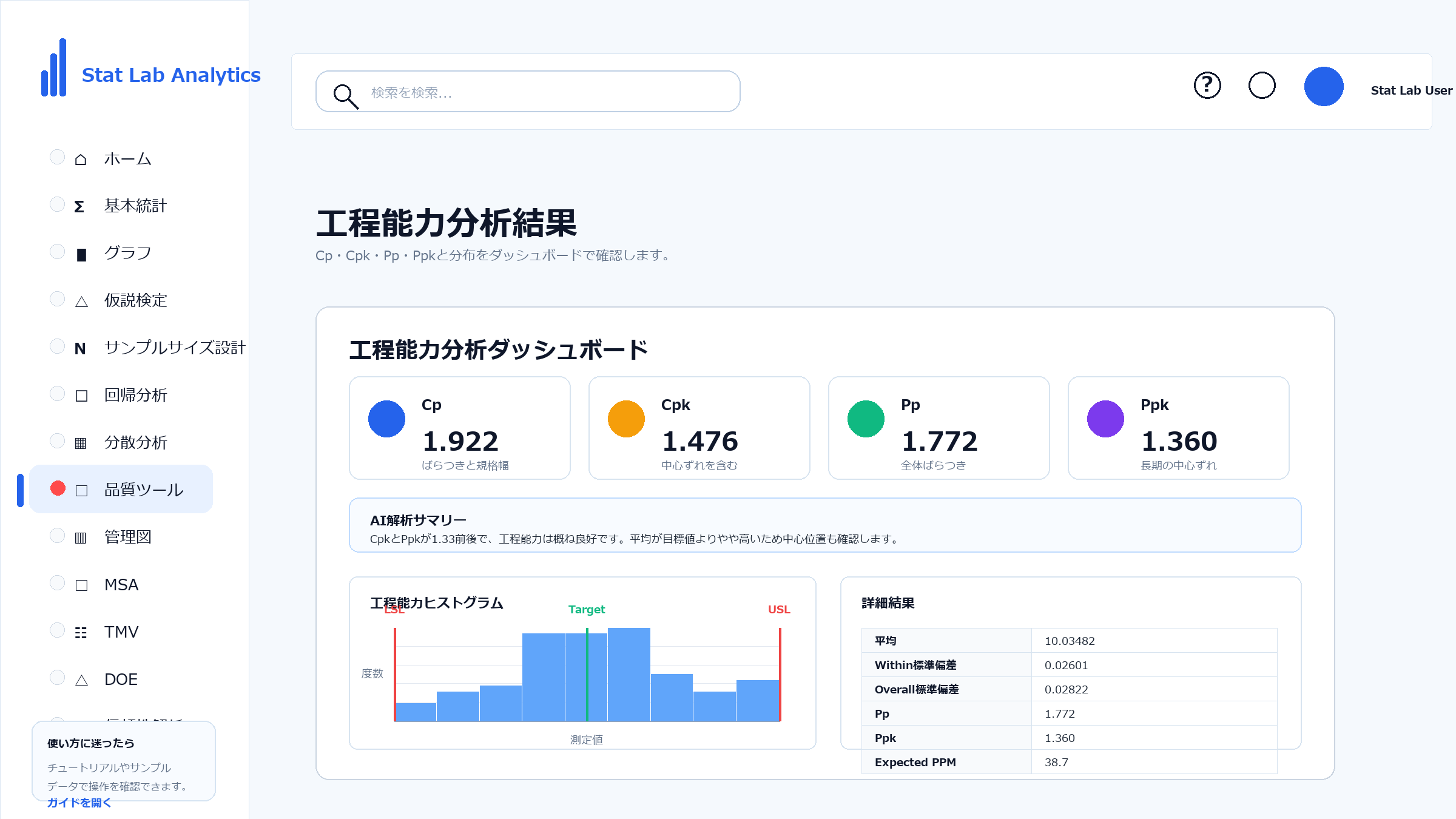 工程能力分析の操作画面 Step10 ヒストグラムを確認する
