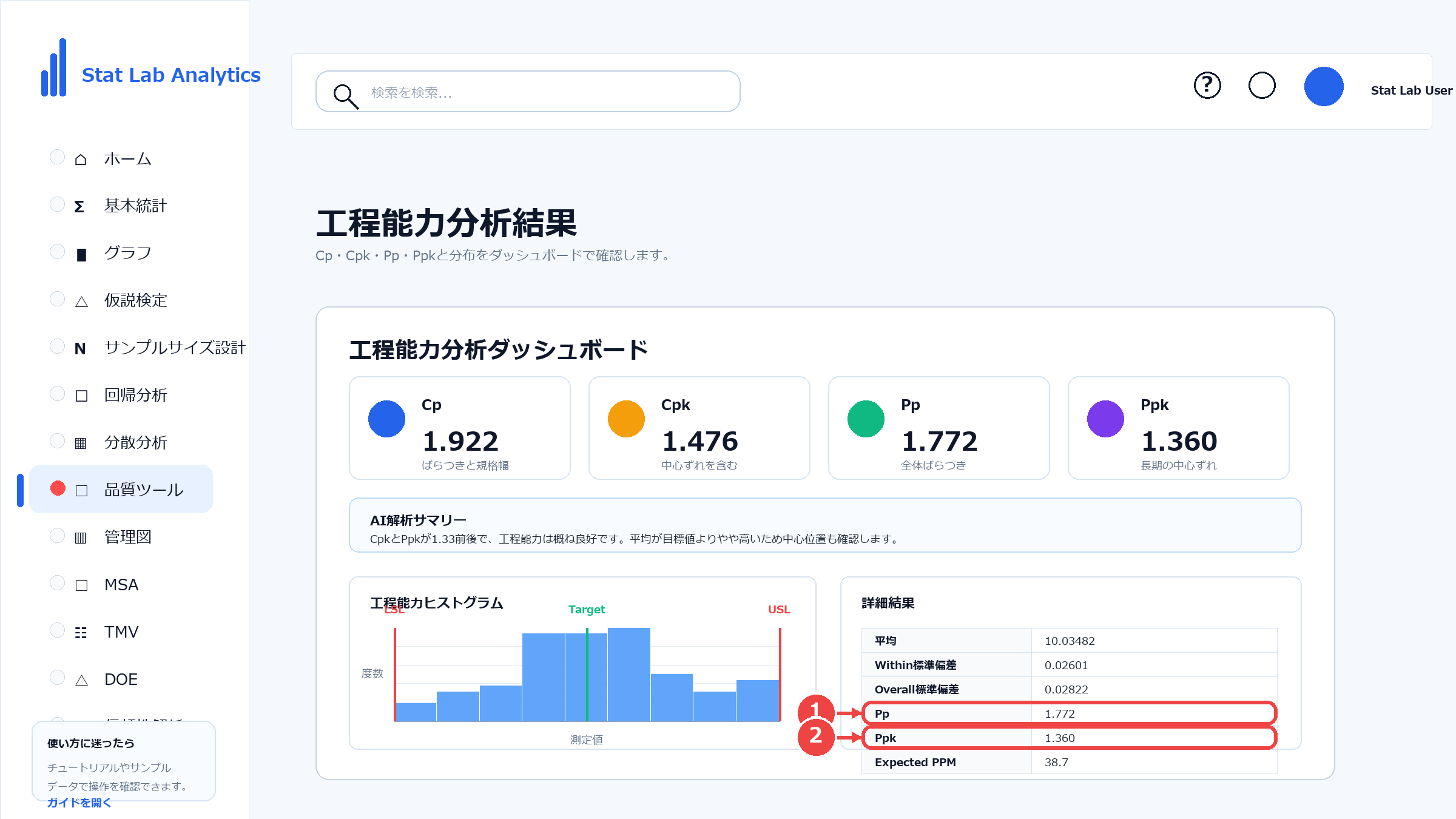 工程能力分析の操作画面 Step12 Pp・Ppkを確認する