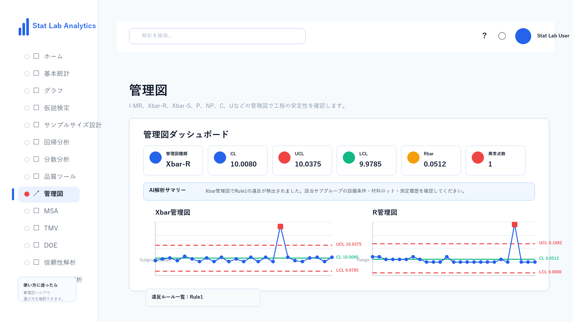 Xbar-R管理図の操作画面 Step12 結果の解釈を確認する