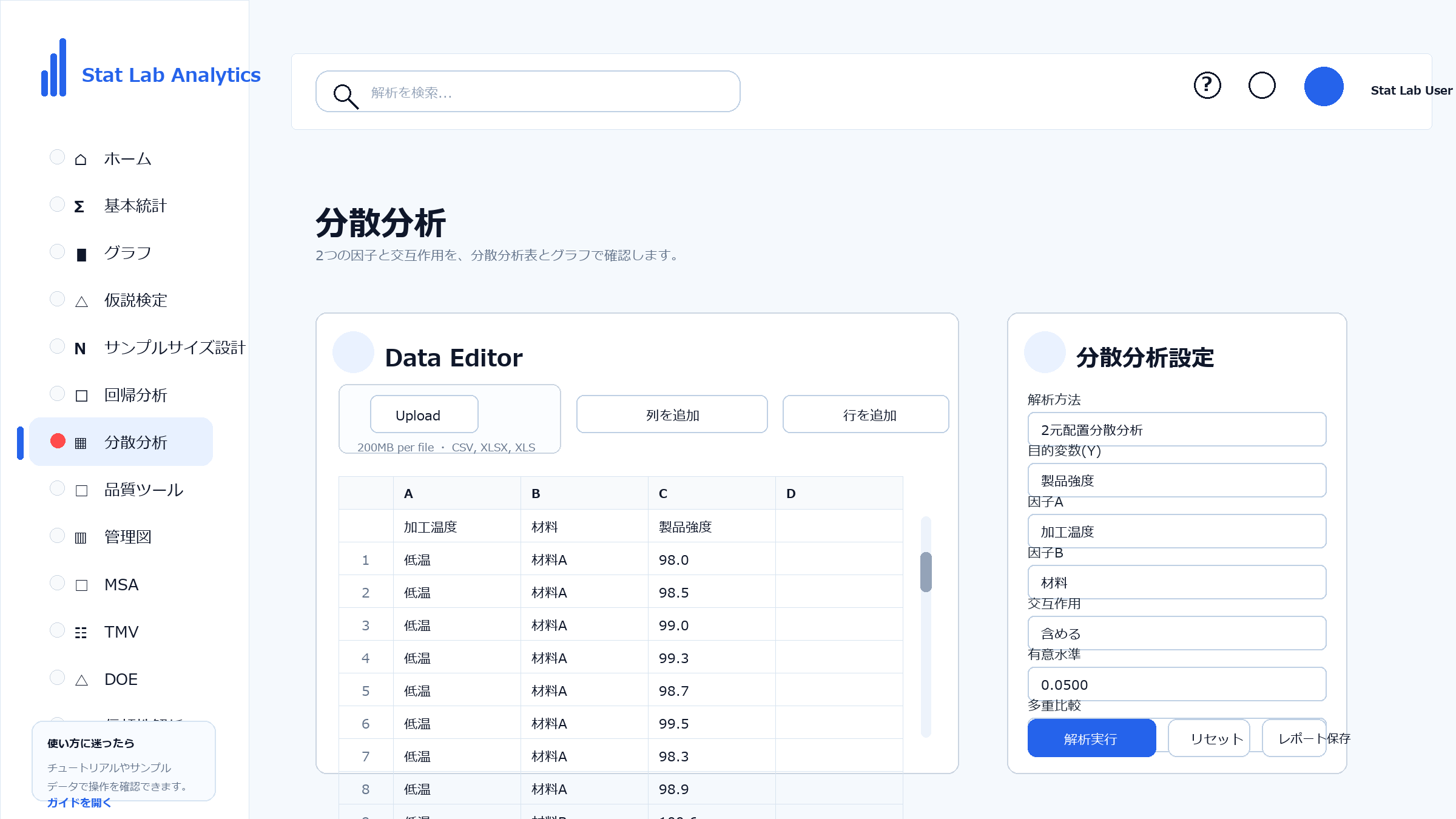 Stat Lab Analyticsで分散分析を開く画面