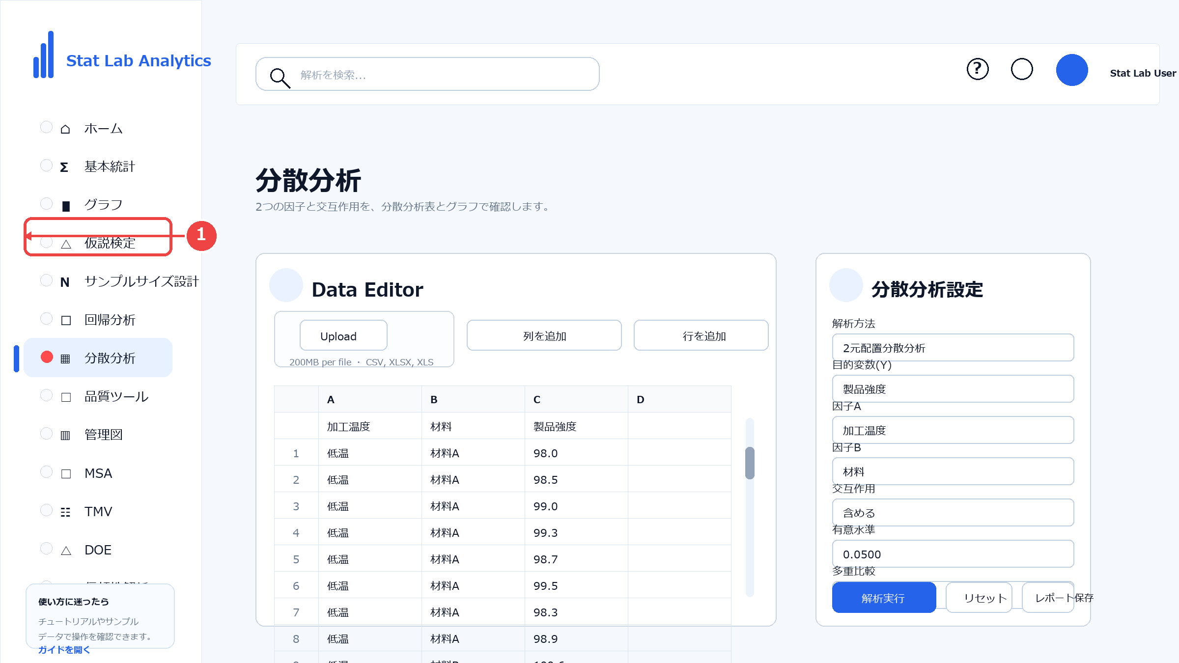 左メニューから分散分析を選択する画面