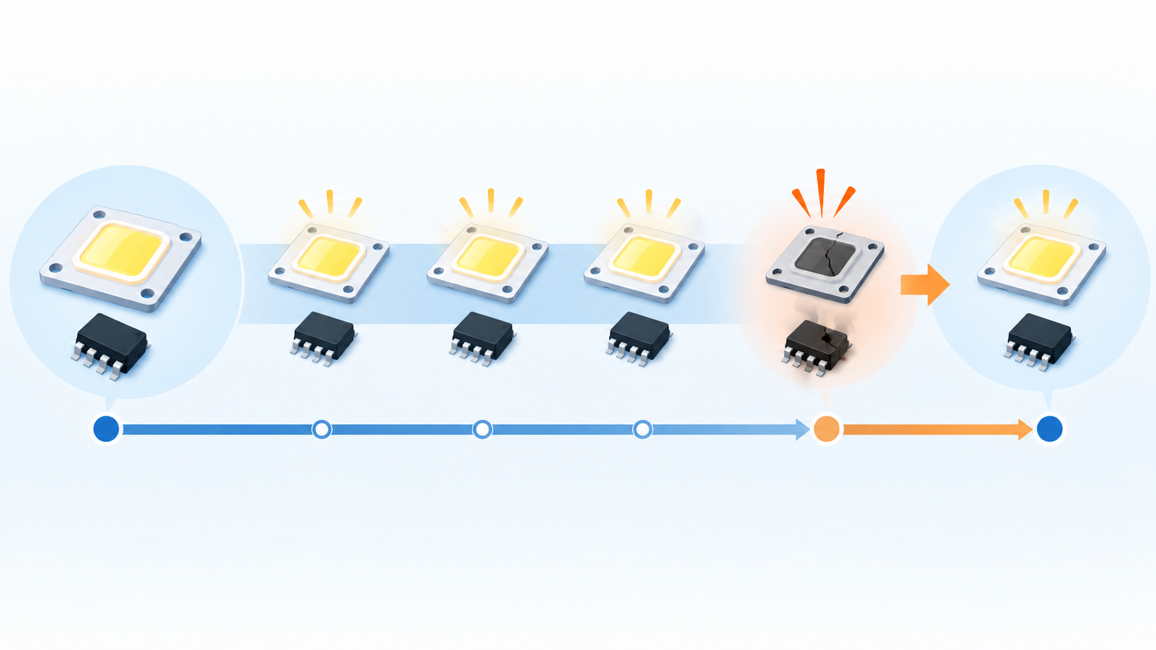 LEDと電子部品が使用開始から故障して交換されるMTTFの概念図