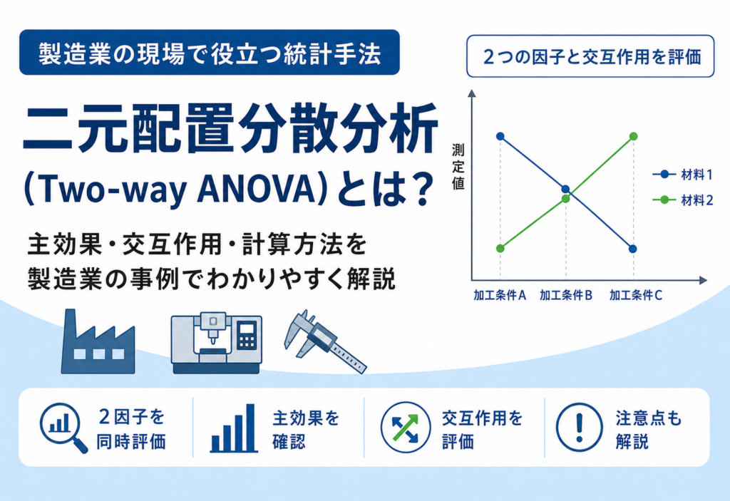 二元配置分散分析の主効果と交互作用を製造業の事例で示した図
